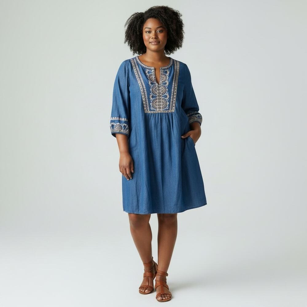 J. Jill Embroidered 3/4 Sleeve Dress Women's Sz XL Chambray Multi Knee Length